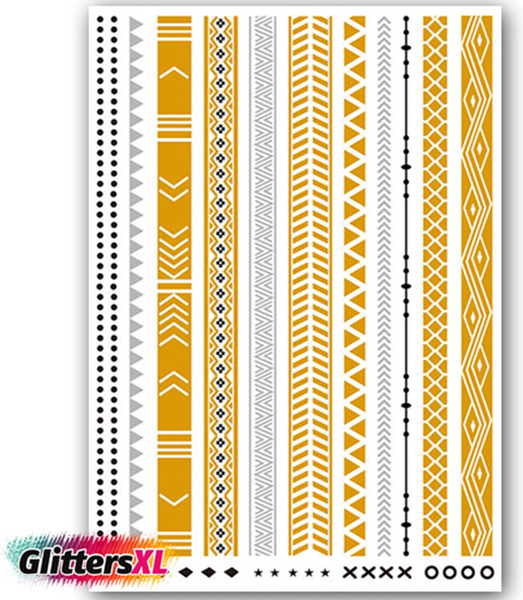 GlittersXL - Temporary Tattoo Goud/Gold (11x6cm) [Neptattoo Ibiza Turquoise - Tijdelijke tatoeage - Nep Fake Tattoos - Water overdraagbare festival sticker henna outfit tattoo - Glitter tattoo - Volwassenen Kinderen Jongen Meisje]